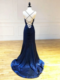 Backless Dark Navy Blue Long Prom Dresses Dark Navy Blue Formal Graduation Evening Dresses Y7432 by simplepromdress