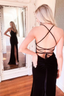 V Neck Backless Black Velvet Long Prom Dress with Slit, Backless Black Formal Dress, Long Black Velvet Evening Dress Y222