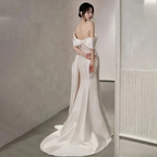 Off Shoulder Satin Wedding Dress White Mermaid Long Bridal Gown with Slit Y7336 by simplepromdress