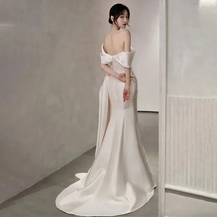 Off Shoulder Satin Wedding Dress White Mermaid Long Bridal Gown with Slit Y7336 by simplepromdress