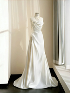 Classy Strapless Satin Pearls Chain White Prom Dress A Line Evening Dress Y8684 by simplepromdress