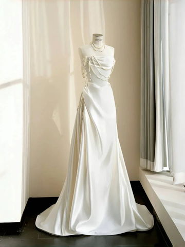 Classy Strapless Satin Pearls Chain White Prom Dress A Line Evening Dress Y8684 by simplepromdress
