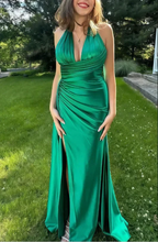 Green Halter V-Neck Ruched Bodycon Prom Dress,Long Slit Evening Gown Y8022 by simplepromdress