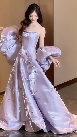 Pretty Lilac Satin Appliques Prom Dress Strapless A-Line Evening Gown Y7903