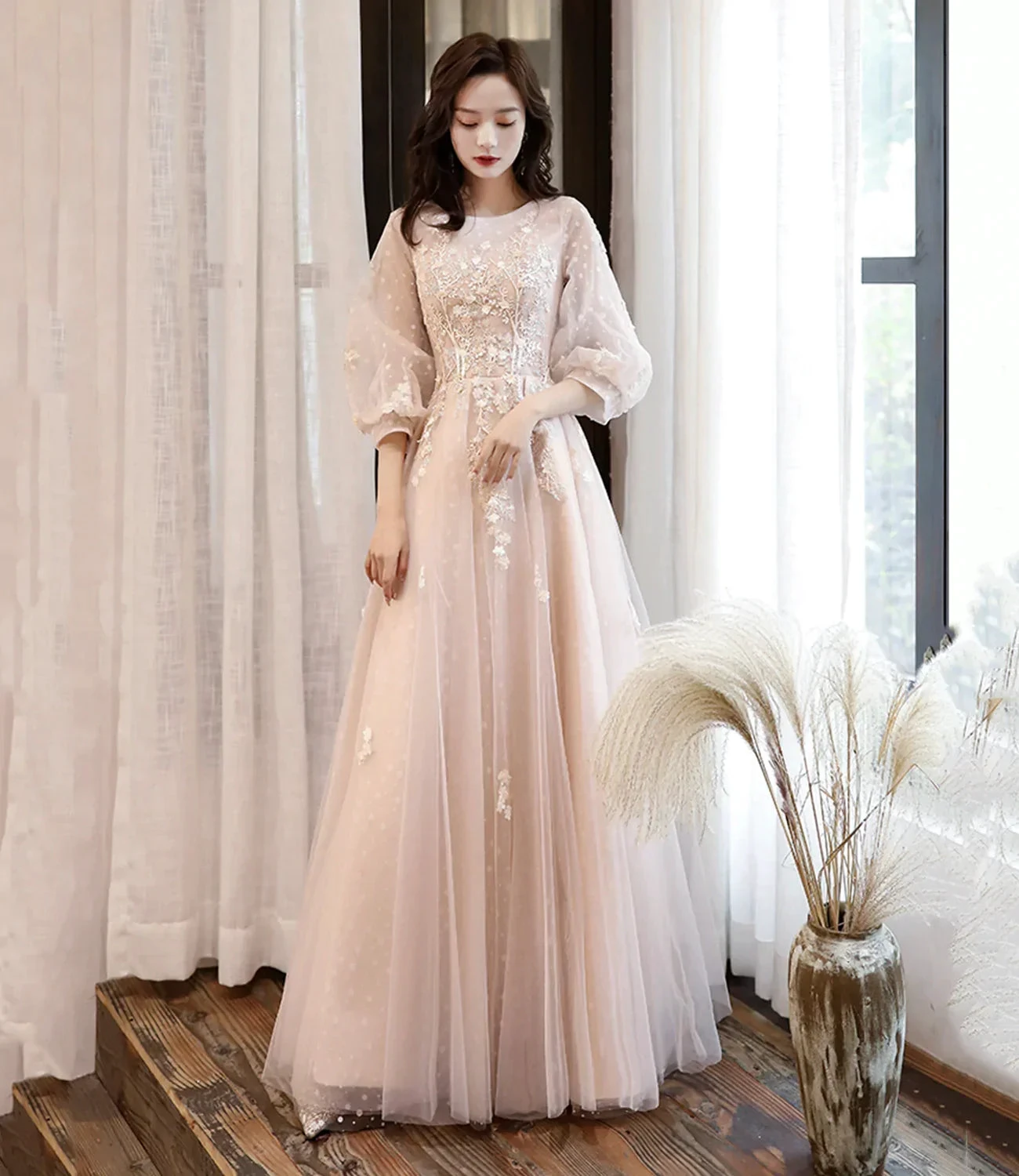 Cute tulle lace long prom dress A line evening dress Y1291 by simplepromdress
