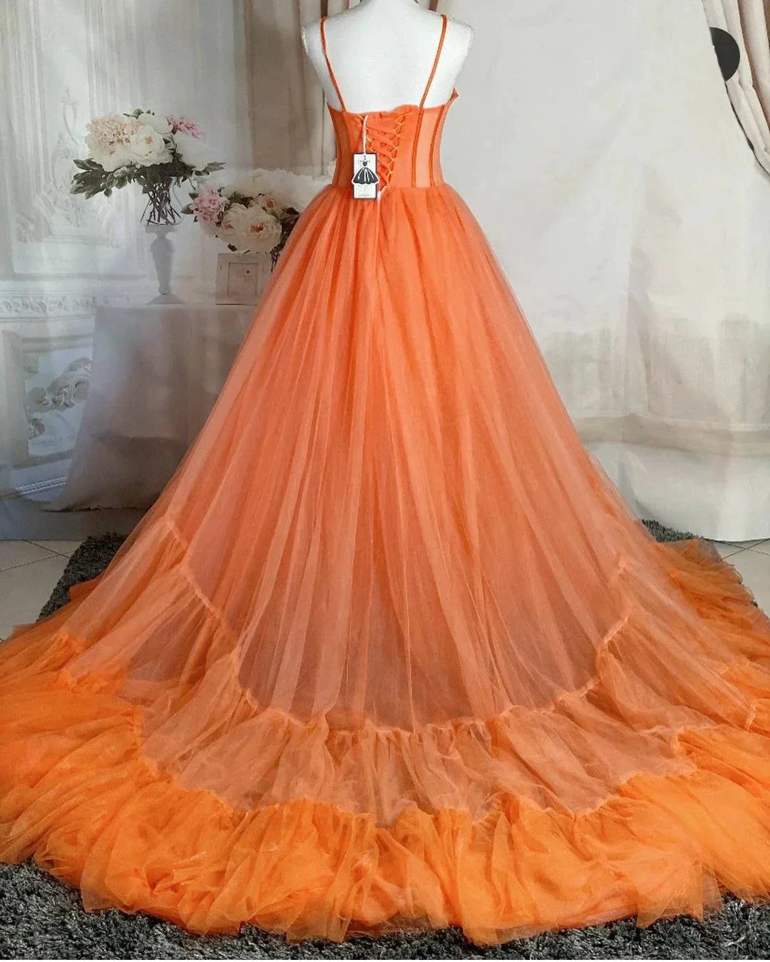 Spaghetti Straps Orange Tulle Evening Dress,Sexy Prom Gown Y1243 by simplepromdress