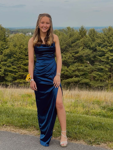 Simple Spaghetti Straps Navy Blue Satin Pleated Slit Long Prom Dress Evening Dress Y7988