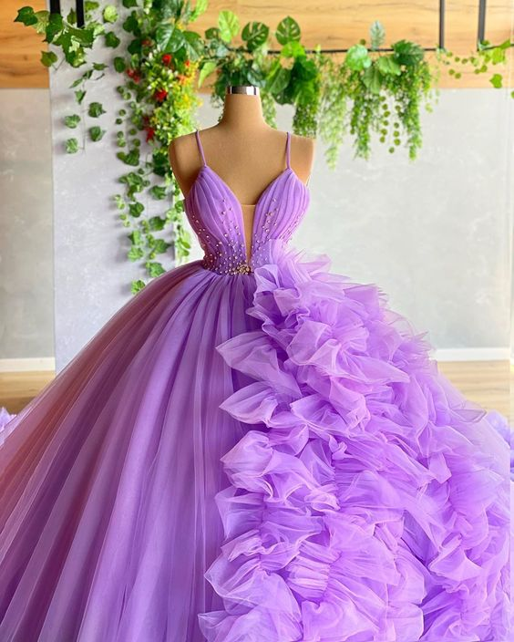 Purple A-line V Neck Tulle Ball Gown,Purple Princess Dress,Fairy Dress Y6590 Hover Image