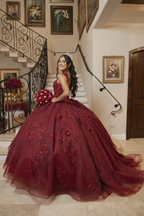 Burgundy Ball Gown With Flowers,Sweet 16 Dress, Burgundy Quinceanera Dress Y2345 by simplepromdress