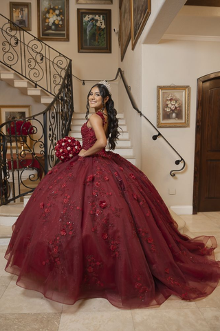 Vestido de fiesta burdeos con flores, vestido de quinceañera burdeos Y2345