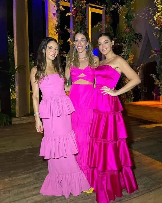 Beautiful Strapless Satin Tiered Party Prom Dress Hot Pink Satin A Line Evening Gown Y8003 by simplepromdress
