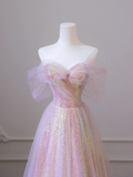 Shiny Tulle Sequins Long Prom Dress, A-Line Off the Shoulder Evening Dress Y1416 by simplepromdress