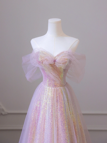 Shiny Tulle Sequins Long Prom Dress, A-Line Off the Shoulder Evening Dress Y1416