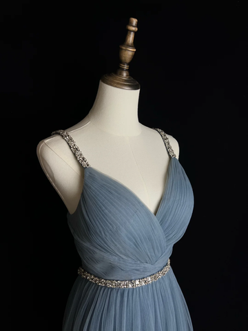 Simple Blue Tulle Beaded A Line Evening Dress Spaghetti Straps V Neck Prom Dress Y8649