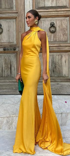 Yellow Satin Backless Off-Shoulder Long Prom Dress Evening Dress Y8466 by simplepromdress