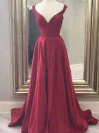 A Line V Neck Burgundy Long Prom Dresses, Off the Shoulder Burgundy Formal Evening Dresses Y246 by simplepromdress