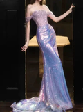 Glitter Off Shoulder Beaded Sequin Mermaid Prom Purple Formal Evening Gown Y8182 by simplepromdress