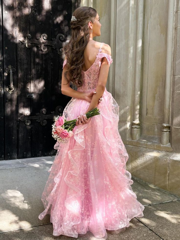 Pink Off Shoulder Fluffy Lace Appliques Floral Long Prom Dress Evening Dress Y7846