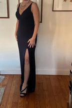 Classy V Neck Black Sleeveless Satin Prom Dress Side Slit Party Evening Dress Y8456 by simplepromdress