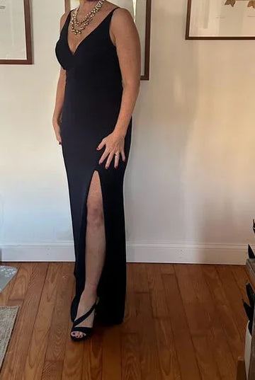 Classy V Neck Black Sleeveless Satin Prom Dress Side Slit Party Evening Dress Y8456 by simplepromdress