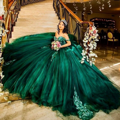 Vestido de quinceañera verde oscuro, vestido de quinceañera con lentejuelas y cuentas, vestido de fiesta Y3030