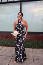 Pretty Halter Navy Blue Satin Print Long Prom Dress Evening Dress Y8453 by simplepromdress