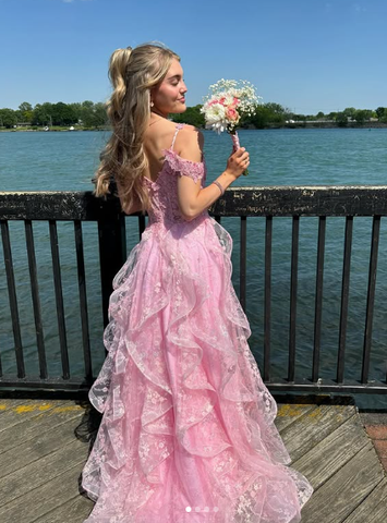 Pink Off Shoulder Fluffy Lace Appliques Floral Long Prom Dress Evening Dress Y7846