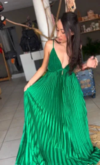 Green Spaghetti Straps Pleated V Neck Party Prom Dress A Line Evening Gown Y7958 by simplepromdress