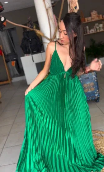 Green Spaghetti Straps Pleated V Neck Party Prom Dress A Line Evening Gown Y7958 by simplepromdress