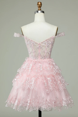Pink Off The Shoulder Corset Homecoming Dress With Lace Y2471
