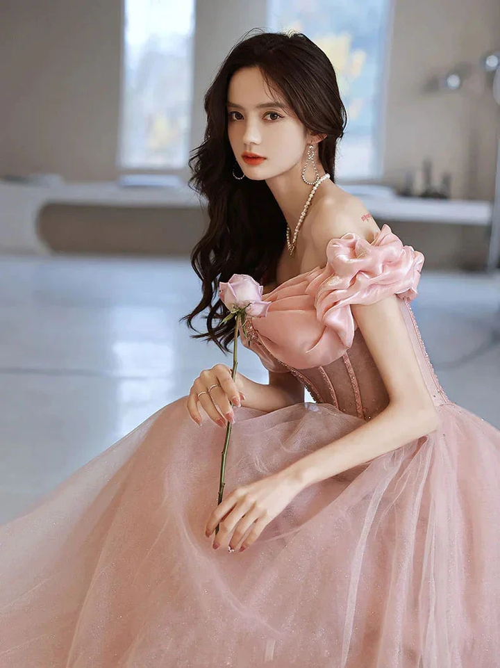 Pink Sweetheart Neck Tulle Beads Long Prom Dress, Pink Evening Dress,Y2406 by simplepromdress