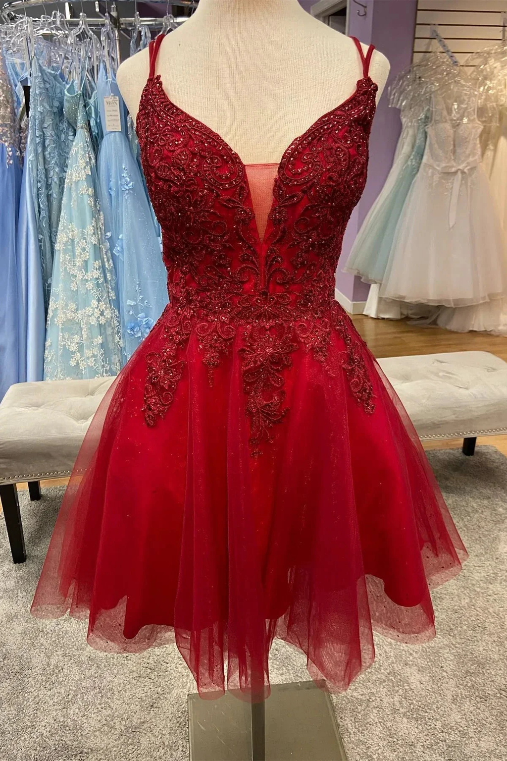 Hunter Green Plunging V Neck Straps Appliques Tulle Homecoming Dress Y2074 by simplepromdress