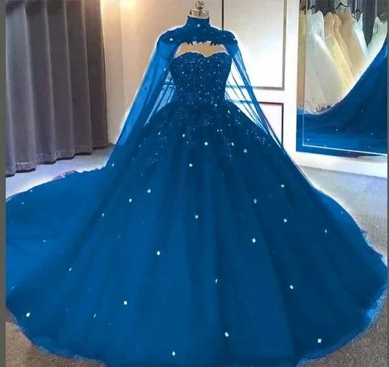 Sweetheart Neckline Tulle Lace Ball Gown With Cape Princess Dress Y673 by simplepromdress