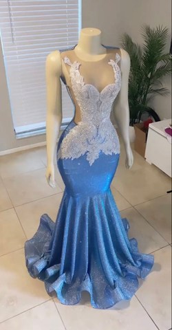 Wunderschönes blaues ärmelloses Abendkleid im Meerjungfrauenstil Y4217