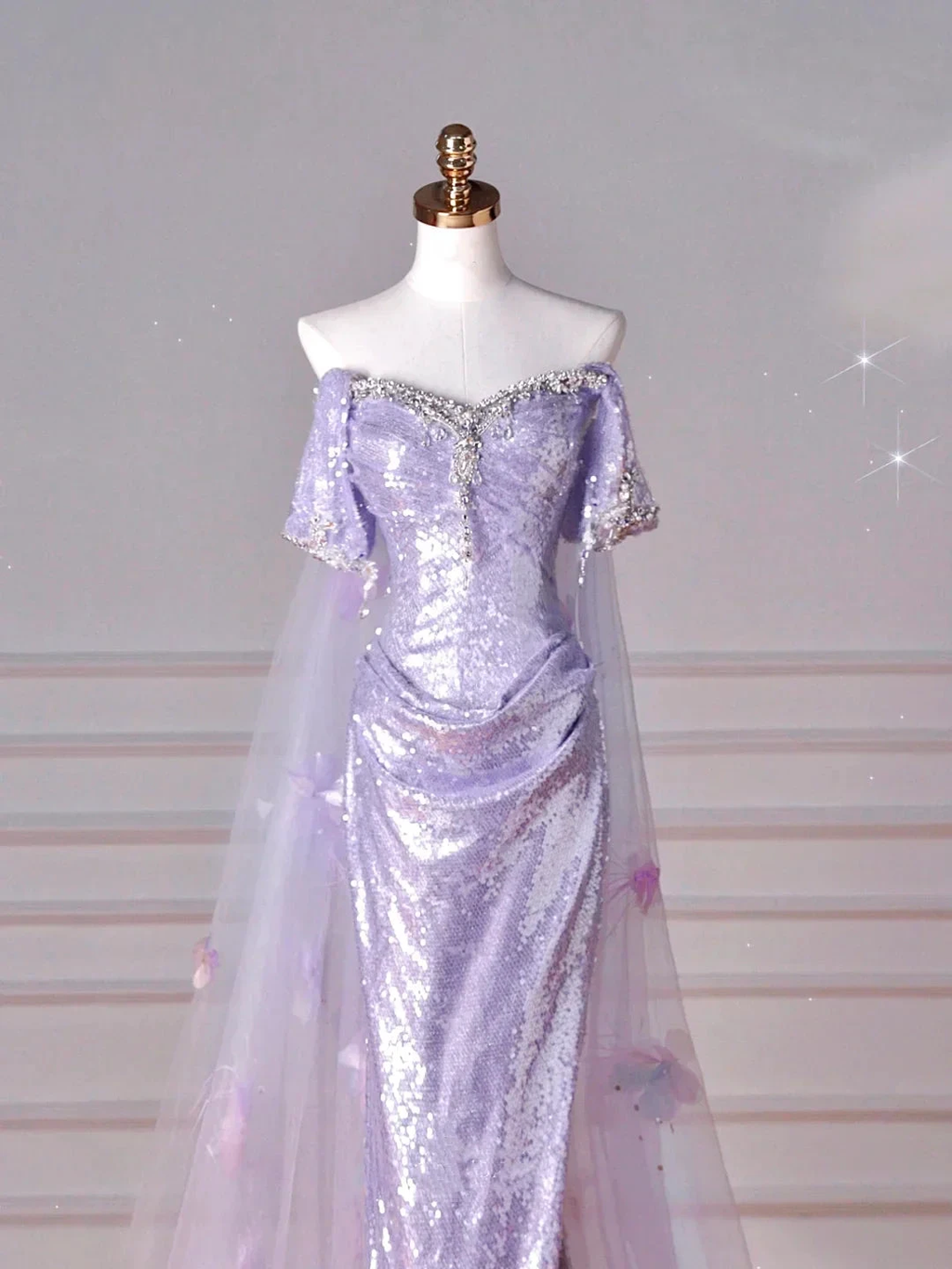 Glitter Lilac Sequin Tulle Beaded Mermaid Slit Evening Dress Off The Shoulder Tulle Appliques Prom Dress Y8632 by simplepromdress