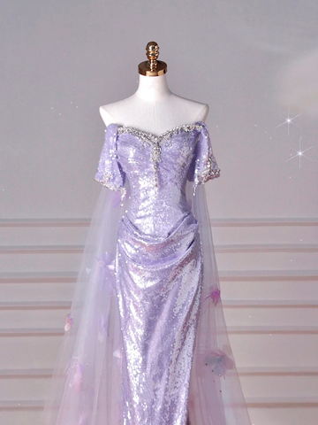 Glitter Lilac Sequin Tulle Beaded Mermaid Slit Evening Dress Off The Shoulder Tulle Appliques Prom Dress Y8632