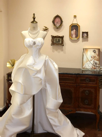 Vestido de novia de satén blanco fruncido, vestido de fiesta largo Y8600