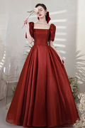 Burgundy Satin Long Prom Dresses A-Line Short Sleeve Evening Dresses Y1170 by simplepromdress
