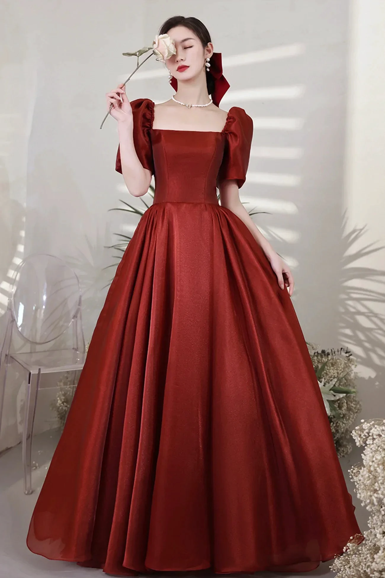 Burgundy Satin Long Prom Dresses A-Line Short Sleeve Evening Dresses Y1170 by simplepromdress