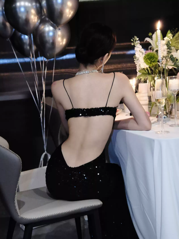 Schwarze Pailletten funkelndes Abendkleid Sexy rückenfreies Abendkleid Y1124