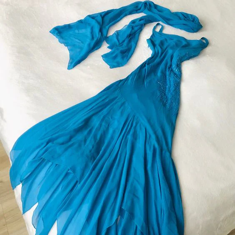 Gorgeous Blue Chiffon Mermaid Evening Dress Long Prom Dress With Beaded Y8080