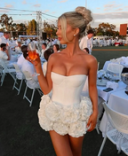 Cute White Strapless Pleated Rose Cocktail Dress Satin Bodycon Mini Homecoming Dress Y8282 by simplepromdress