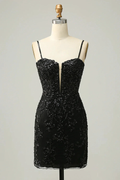 Sequins Spaghetti Straps Black Short Homecoming Dress Y3072 by simplepromdress