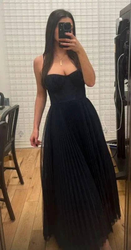 Classy Spaghetti Straps Pleated Tulle Green Midi Prom Dress A Line Evening Dress Y8452 by simplepromdress