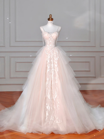 Vestido de novia elegante de tul rosa claro, corte A, vestido de noche formal para graduación Y8623