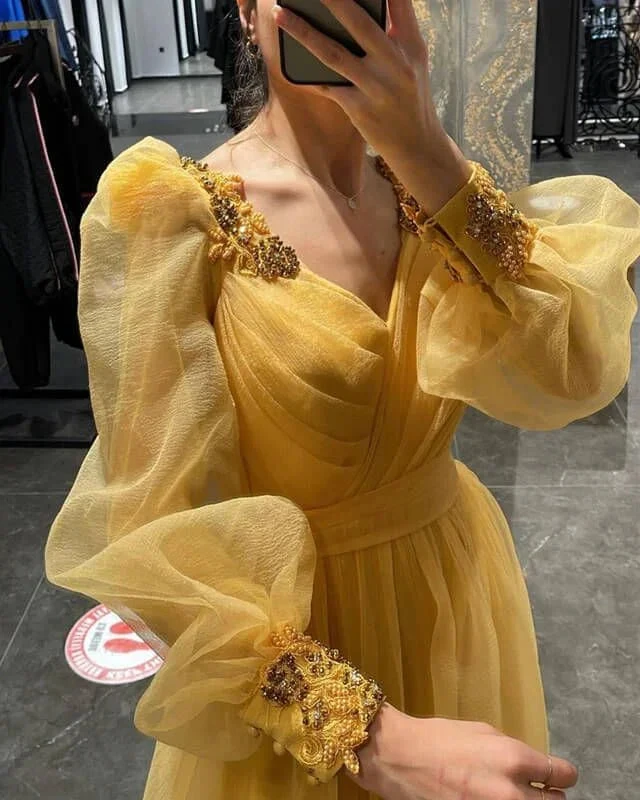 Puff Sleeves V Neck Tulle Slit Evening Dress Y5793 by simplepromdress