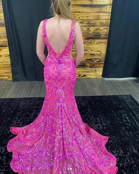 Luxury Deep V Neck Mermaid Evening Dress Pink Formal Prom Dress Y7819 by simplepromdress