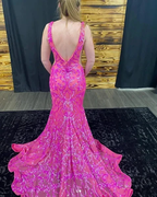 Luxury Deep V Neck Mermaid Evening Dress Pink Formal Prom Dress Y7819 by simplepromdress