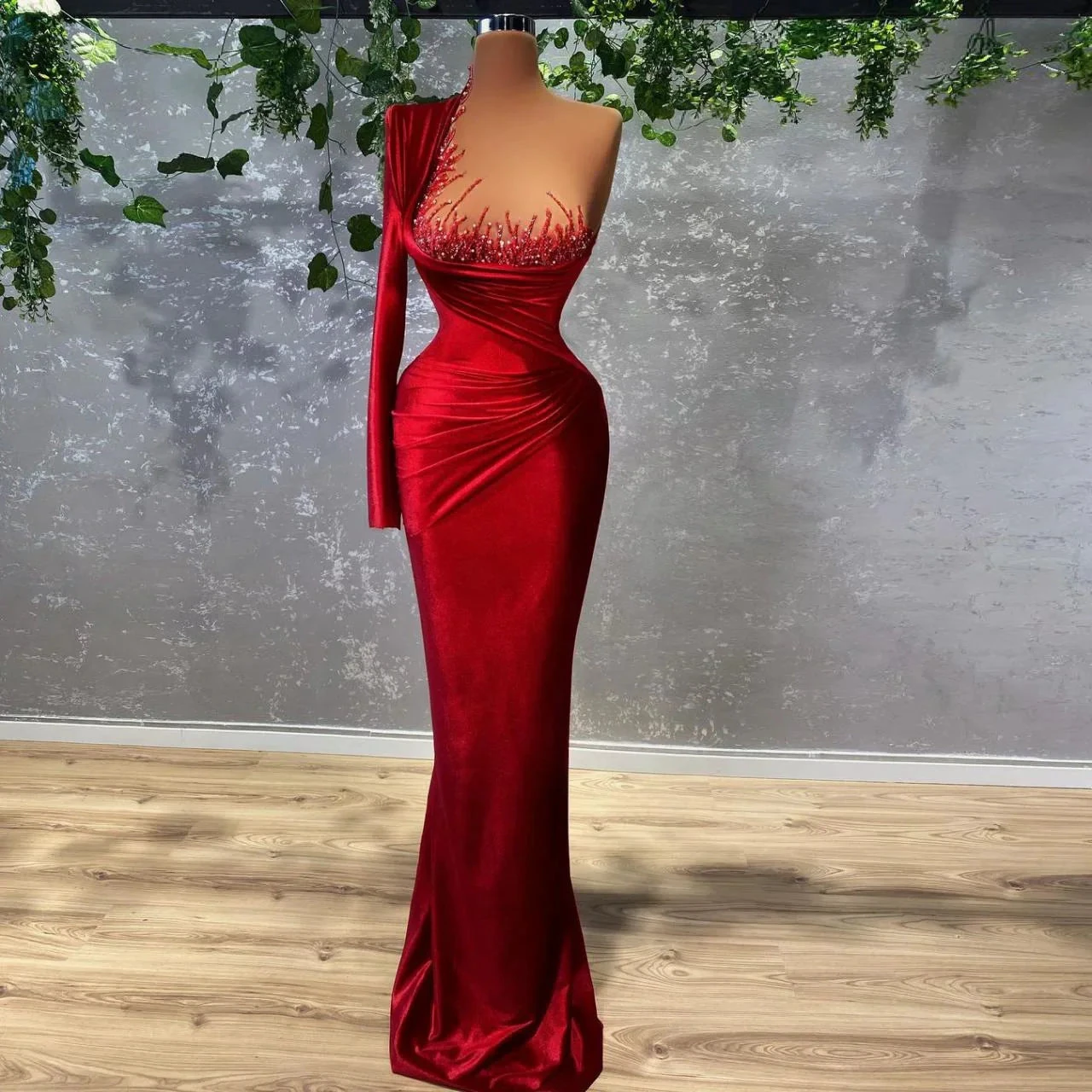 Modern Velvet One Shoulder Beaded Red Carpet Dresses Evening Gowns Women Mermaid Prom Dress Y1907 by simplepromdress