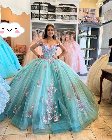 Vestido de quinceañera azul lago con flores 3D, hombros descubiertos, apliques y cuentas, maxivestido de quinceañera Y2632